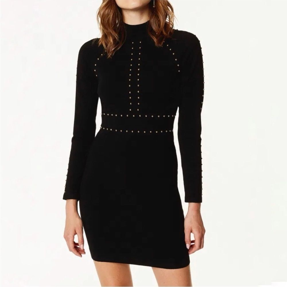 Karen Millen Black Studded Bodycon Mini Dress Long Sleeve